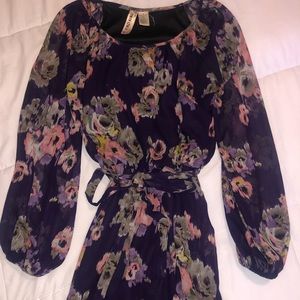 Long Sleeve Chiffon Purple Floral Wrap Dress